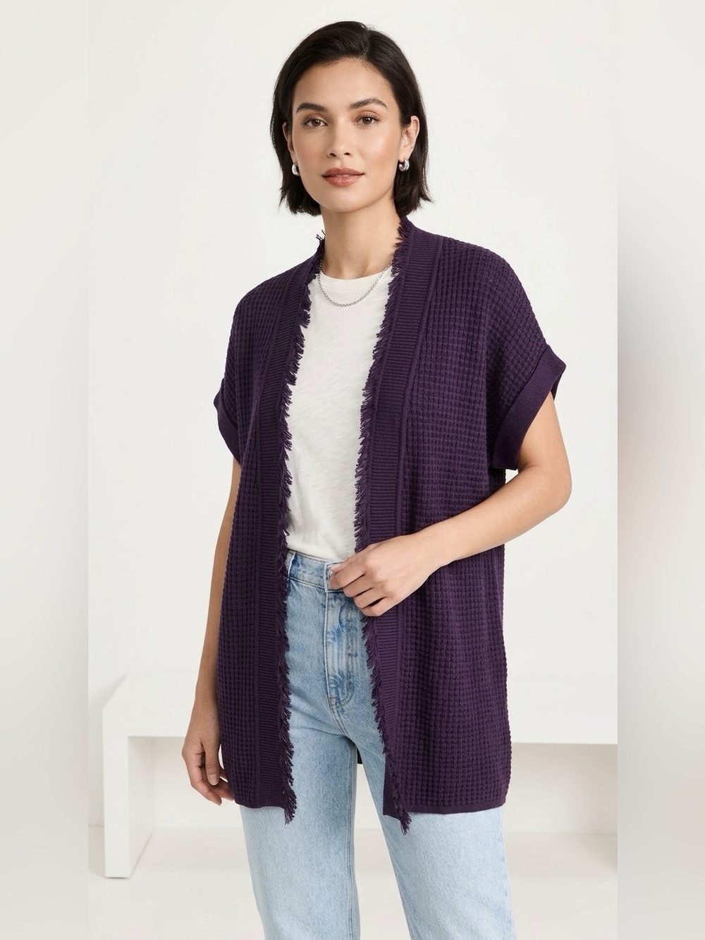 J. Jill Short-Sleeve Open-Front Waffle Cardigan - Purple SP